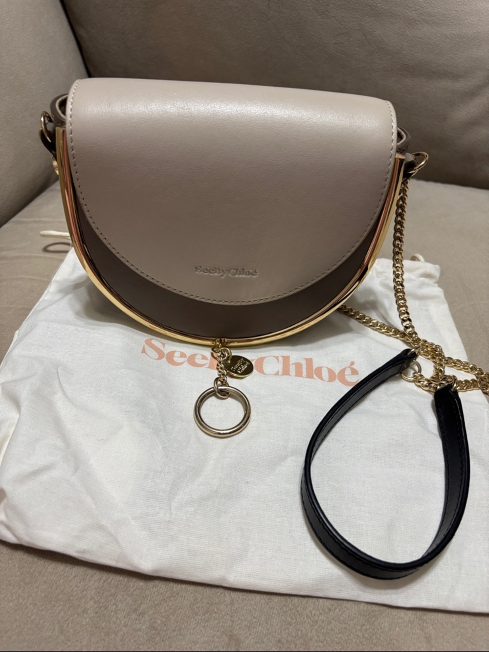 See By Chloé Two-Tone Taupe and Brown Leather Crossbody with Gold Hardware